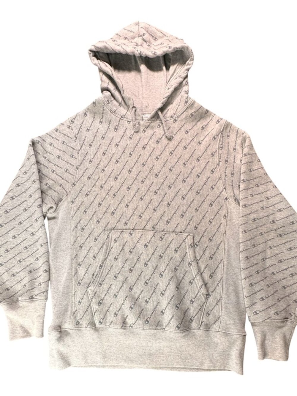 Champion Reverse Weave Hoodie Mens M Gray All Over Script Logo S2974